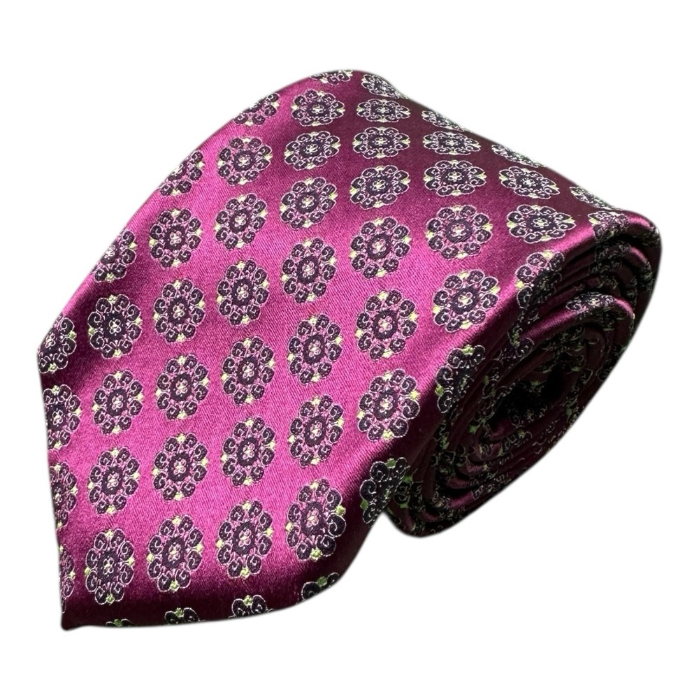 Oxxford Clothes Mens Purple Green Geometric Medallion Pure Silk Tie 3.5 Inch